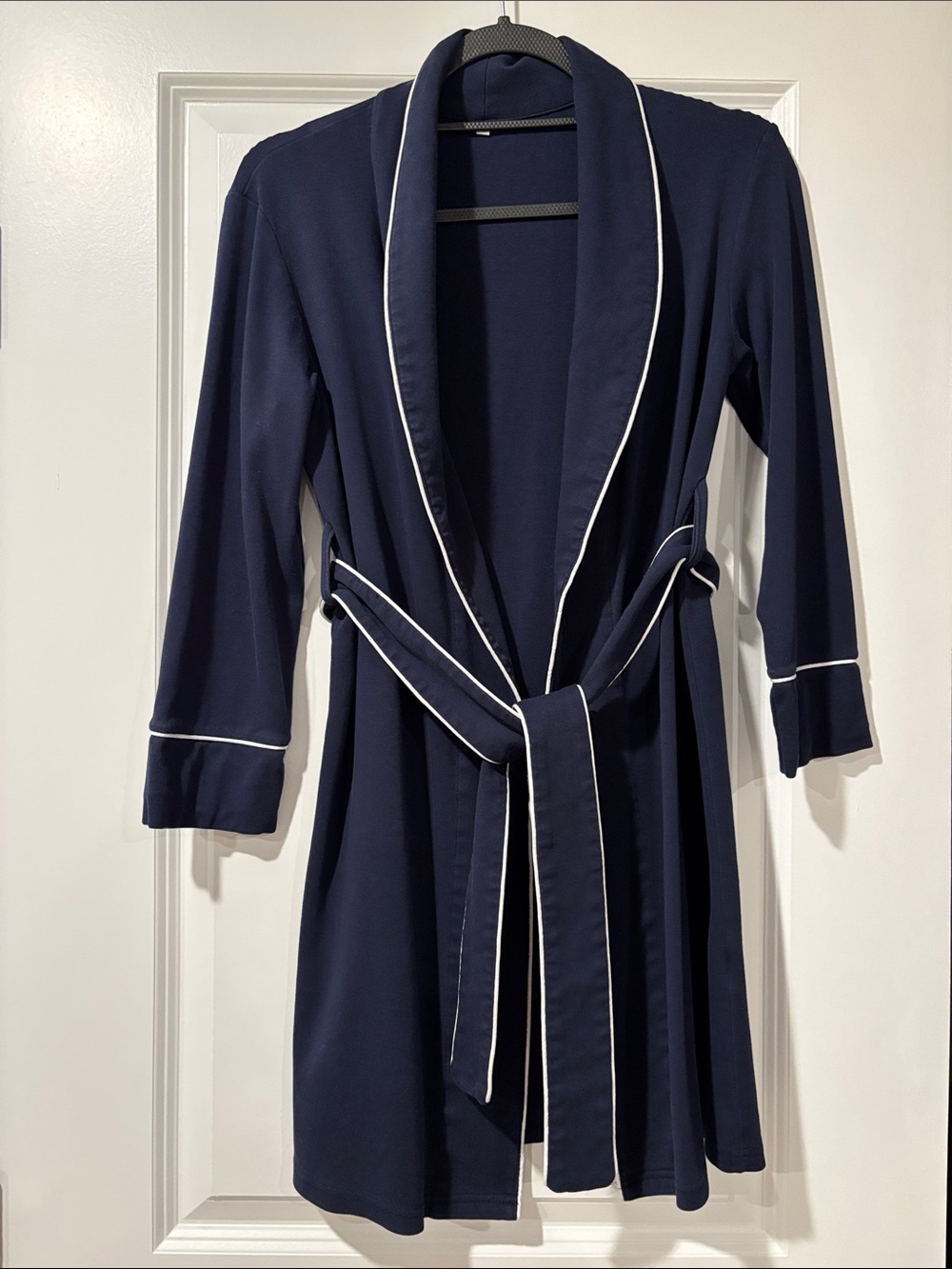 Women's Navy Robe with White Piping - Elegant Wrap Style